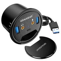 GRAUGEAR G-THUB-AU-60, USB 3.0, tafelHUB, 3 poorten, 1 x USB-C, 2 x USB-A, audio I/O, inbouw in 60 mm bureaugat, kabellengte 150 cm, stofafdekking, 5 Gbit/s