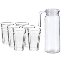 Glazen karaf/schenkkan met deksel van 1 liter met 6x stuks drinkglazen/waterglazen 360 ml