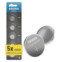 ABSINA CR1620 3V lithium knoopcel, verpakking van 5 stuks, CR 1620 knoopbatterij, lekvrij en lange houdbaarheid, 1620 knoopcel voor autosleutel, horloge UVM, CR 1620 3 volt, batterijen CR 1620,