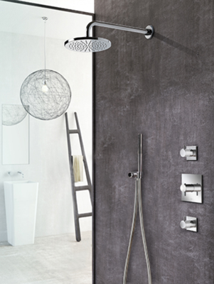 Hotbath Get Together doucheset met 2 stopkranen met 3 standen-handdouche, 30 cm plafondbuis, 20 cm hoofddouche vierkant, geborsteld nikkel