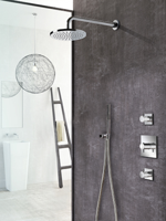 Hotbath Get Together doucheset met 2 stopkranen met 3 standen-handdouche, 30 cm plafondbuis, 20 cm hoofddouche vierkant, geborsteld nikkel