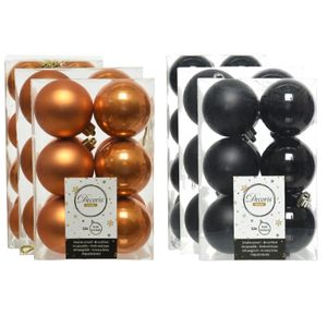 Kerstversiering kunststof kerstballen mix zwart/cognac bruin 4-6-8 cm pakket van 68x stuks