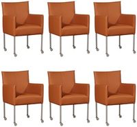 Set van 6 Cognac leren moderne kuipstoel Desire - poot rond rvs met wiel - Hermes Leer Cognac (cognac leer) - thumbnail