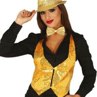 Verkleed set voor dames - gilet en vlinderstrikje - goud - pailletten - one size - carnaval - thumbnail