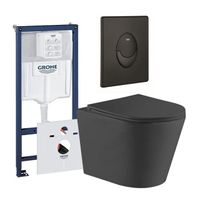 QeramiQ Dely Toiletset - Grohe inbouwreservoir - mat zwarte bedieningsplaat - ovaal toilet - zitting - mat zwart 0729205/sw543433/sw656735/