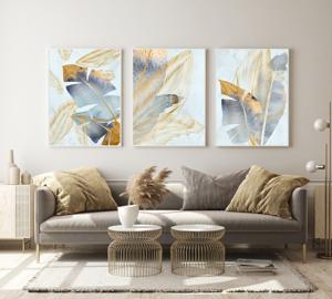 Affiches - Moderne kunst / Bladeren goud en blauw / Set van 3