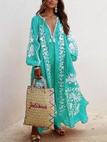 Balloon Sleeves Boho Printed Maxi Weaving Dress