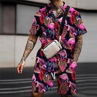 Voor heren Overhemd Overhemdset Hawaiiaans overhemd Bloemig Flamingo Grafische prints Bladeren Strijkijzer Zwart Wit Blozend Roze Donkergroen Groen Buiten Straat Korte Mouw Afdrukken Kleding Modieus Lightinthebox