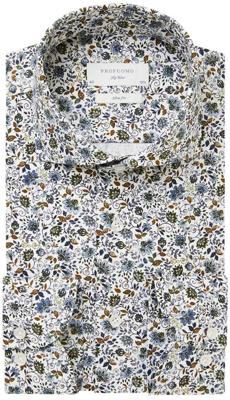 Profuomo Sky Blue Heren Overhemd Wit Bloemen Print Twill Slim Fit