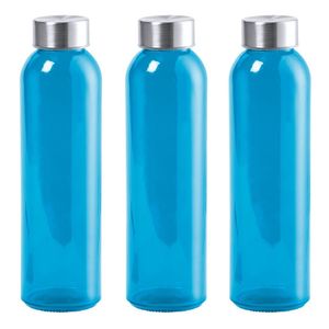 6x Stuks glazen waterfles/drinkfles blauw transparant met Rvs dop 550 ml