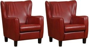 Set van 2 Rode leren landelijke oorfauteuils Hug - poot hout bruin - Granada leer Rouge (rood leer)