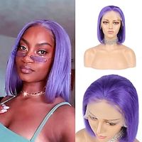 Echt haar 4x13 Sluiting Pruik Middelste stuk Gratis deel Braziliaans haar Recht Paars Pruik 150% Haardichtheid met babyhaar lijmloze Pre-geplukt Voor Dames Kort Kanten pruiken van echt mensenhaar Lightinthebox