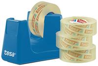 tesa Easy Cut Smart + 4 rollen tesafilm transparant 33 m: 19 mm - robuuste dispenser met anti-slip functie in cyaanblauw en transparante plakfolie