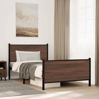 vidaXL Bedframe hoofd- en voeteneinde metaal bruin eiken 107x203 cm, eenpersoonsbed, bedombouw, logeerbed, bed, ledikant, bed frame, metalen bedframe