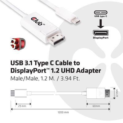 club3D CAC-1517 DisplayPort-kabel USB-C / DisplayPort Adapterkabel USB-C stekker, DisplayPort-stekker 1.20 m Wit