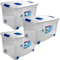 3x Opbergboxen/opbergdozen met deksel en wieltjes 55 liter kunststof transparant/blauw