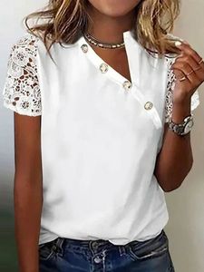 Plain Casual Loose Asymmetrical Collar Patchwork lace Blouses