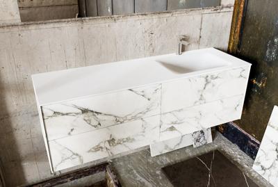 Badkamermeubel Kivi Hangend 150x47x45cm Porcelenato Solid Surface Wastafel 1 Kraangat Rechts met 4 Lades Badkamermeubel Kivi Hangend 150x47x45cm Porcelenato Solid Surface Wastafel 1 Kraangat Rechts met 4 Lades