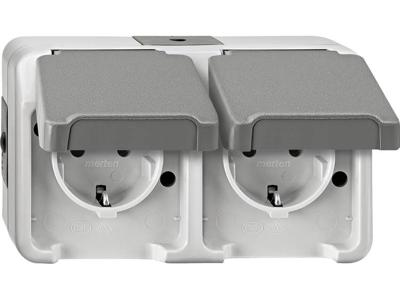 Merten 4074947 AquaStar Compleet Wandcontactdoos met randaarde en klapdeksel spatwaterdicht Lichtgrijs 2-voudig