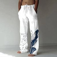 Voor heren Linnen broek Broek Zomerbroek Strandbroeken Trekkoord Zijzakken Elastische taille Grafische prints Veer Ademend Lichtgewicht Dagelijks Yoga Voor vakantie Casual Chinoiserie Wit blauw Lightinthebox