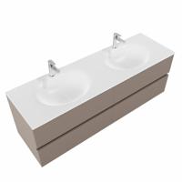 Badkamermeubel Mondiaz Vica 150x50x45cm Smoke MDF 4 Lades Softclose Solid Surface Wastafel Moon Dubbel 2 Kraangaten