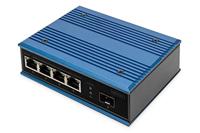 DIGITUS PoE netwerkswitch - 5-poorts Fast Ethernet - 4x RJ45 + 1x SFP-poort - Unmanaged - 10/100 Mbps - DIN Rail & wandmontage - IP40 - Industriële serie - Blauw