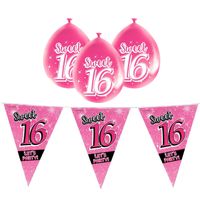 Sweet 16/Sixteen versiering pakket vlaggetjes/ballonnen roze - thumbnail