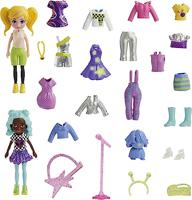 Polly Pocket Reisspeelgoed met twee poppen van 7,5 cm en 25 accessoires, modepakket voor de buitenruimte met 2 gloeiende stukken