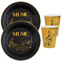 Muziek thema feest wegwerp servies set - 20x bordjes / 20x bekers - goud/zwart