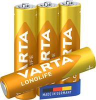 VARTA Longlife AAA Micro LR03 Batterij (verpakking met 4 stuks) Alkaline Batterijen – Made in Germany – ideaal voor afstandsbediening radio wekker en klok