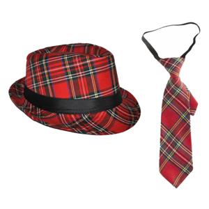 Carnaval Schotse ruit thema verkleed set - hoedje en stropdas - rood tartan - heren