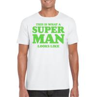 Verkleed T-shirt voor heren - super man - wit - glitter groen - carnaval/themafeest - Vaderdag