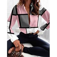 Dames Overhemd Blouse Ruitjes nappi Afdrukken Casual Modieus Lange mouw Overhemdkraag Blozend Roze Lente Herfst Lightinthebox