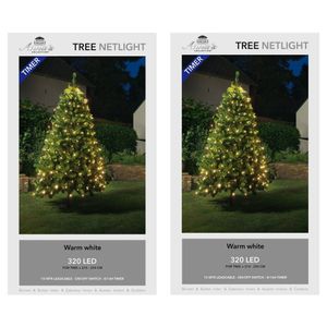 2x stuks kerstboom lichtnetten/netverlichting met timer 320 lampjes warm wit