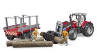 bruder Massey Ferguson 7480 met voorlader en houttrailer modelvoertuig 02046 - thumbnail