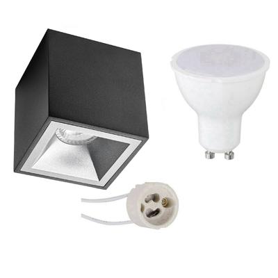 Opbouwspot Set - Pragmi Cliron Pro - GU10 Fitting - Opbouw Vierkant - Mat Zwart/Zilver - 4W - Helder/Koud Wit 6400K -