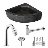 Fonteinset Natura Kwartrond Hoek 30x30x10cm Hardsteen Antraciet Chroom Toiletkraan Sifon Plug Bevestigingsset