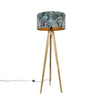 QAZQA - Landelijk | Vintage Tripod vintage hout met kap pauw groen 50 cm - Tripod Classic | Woonkamer | Slaapkamer - Hout Rond - E27 Geschikt voor LED - Max. 1 x 60 Watt