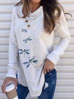 Casual Dragonfly Print Collar Stitched Button Long Sleeve Top