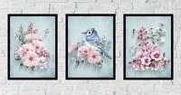 Posters - Bloemen en blauwe vogel / Set van 3