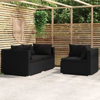 3-delige Loungeset met kussens poly rattan zwart - thumbnail