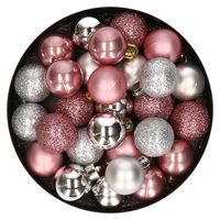 28x stuks kunststof kerstballen zilver en oudroze mix 3 cm   -