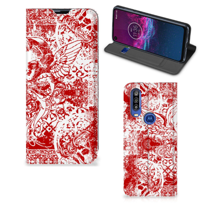 Mobiel BookCase Motorola One Action Angel Skull Rood