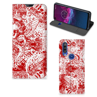 Mobiel BookCase Motorola One Action Angel Skull Rood