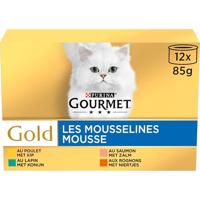 GOURMET GOLD | Kat | Les Mousselines | Kip, Zalm, Nieren, Konijn | 12 x 85 g | Set van 8 | Doos