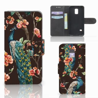 Samsung Galaxy S5 Mini Telefoonhoesje met Pasjes Pauw met Bloemen Samsung Galaxy S5 Mini Telefoonhoesje met Pasjes Pauw met Bloemen
