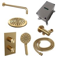 Regendoucheset Inbouw Brauer Gold Carving Thermostatisch 20 cm met 3-Weg Omstelling, Gebogen Wandarm en 3-Standen Handdouche Geborsteld Goud Brauer