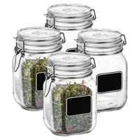 Voorraad/weckpot - 4x - transparant - glas - 16 x 10,6 cm - 1 L - krijtplaatje - Bormioli Rocco