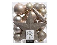 Kerstballen met kerstboompiek, ster, kunststof, set van 33, onbreekbaar, champagne, parel beige