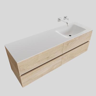 Badkamermeubel Hugo Hangend 150x50x45cm MDF Wood Washed Oak Solid Surface Wastafel Geen Kraangaten Rechts met 4 Lades Badkamermeubel Hugo Hangend 150x50x45cm MDF Wood Washed Oak Solid Surface Wastafel Geen Kraangaten Rechts met 4 Lades